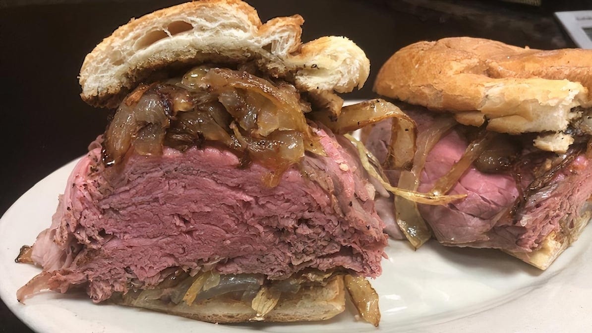 # 3, Brisket Beef, Fried Onion, Melted Swiss on Club Bread Sandwich.